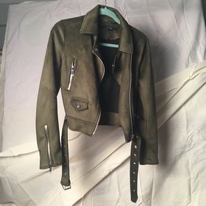 Zara Army Green Faux Suede Biker Jacket in size S